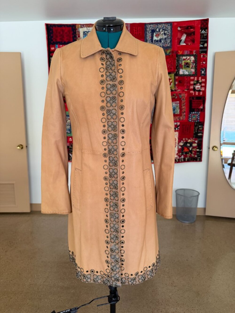 Elie Tahari Tan Beige  Leather Long Coat Jacket Button Front Fully Lined